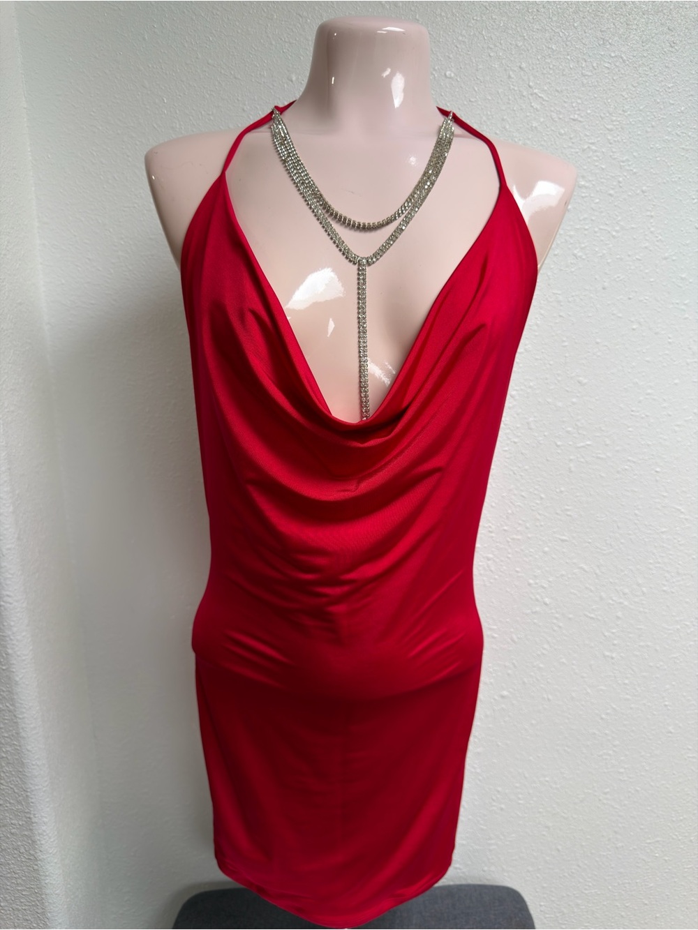 Attirance Red Cowl Neck Rhinestone Chain Bodycon Mini Dress S